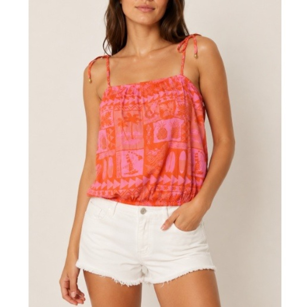 Honolua Surf Co Women's Orange Tropical Print Tie Strap Hina Tank Top Size M NWT